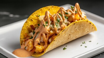 Wall Mural - Fresh Shrimp Taco Fusion with Creamy Sauce on a White Plate