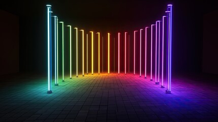 Poster - 3D neon light background, spotlight, dark night, cyber sci-fi, virtual reality, studio mockup, geometric