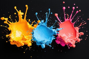 Poster - Vibrant paint splashes in yellow, blue, and pink against a black background create a dynamic and artistic visual.