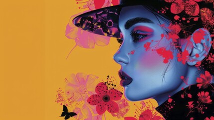 Poster - Side profile of a woman with floral elements and bright pink and orange hues on a blue background, AI generated