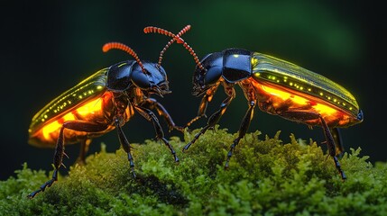 Glowing beetles facing, moss, night, forest, nature, mating, wildlife photography