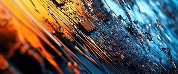 Poster - close-up of an orange and blue motherboard in a repair shop, blurred with circuit details