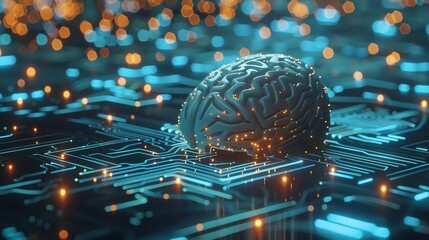 Poster - A 3d rendering of a brain on a circuit board with glowing lines and dots.