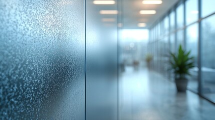 Aufkleber - Delicate frost forms an elegant texture on the glass, blurring the view of a tranquil hallway, where greenery adds a touch of nature to contemporary architecture