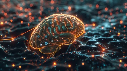 Poster - An abstract 3D rendering of a human brain, made of glowing dots.