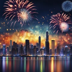 Poster - Fireworks over a brightly lit city skyline reflecting in the water at night, AI generated