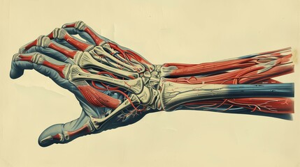 Wall Mural - Medical illustration of a hand with detailed depiction of bones, muscles, tendons, arteries, veins, and nerves in red and beige, AI generated