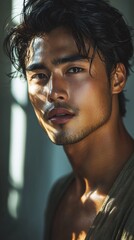 Poster - A multiethnic man stands in a softly lit indoor space, showcasing his stylish look and alluring demeanor. Shadows dance on his face, highlighting his features and elegance