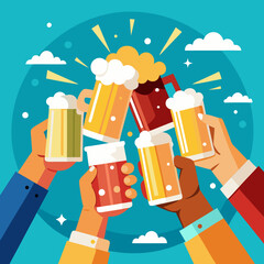 Poster - Friends unite in joy, raising their colorful beer mugs filled with frothy beverages, celebrating a special occasion under a bright blue sky with fluffy clouds