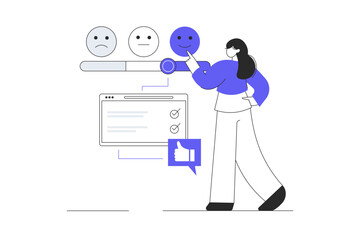 Poster - Customer satisfaction, review, feedback. Woman chooses a good smile for her reaction. Flat Cartoon Vector Illustration, icon. Stylish abstract