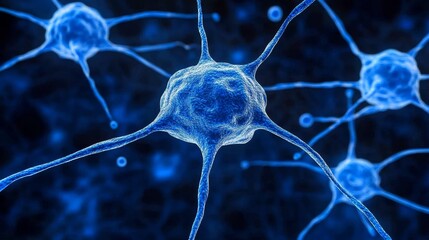 Poster - Blue Neural Network Microscopic View of Interconnected Neurons on a Dark Background,