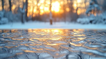 Aufkleber - A frosted mirror surface captures the soft golden light of dawn, revealing intricate patterns while a serene winter landscape glistens in the background, creating a tranquil atmosphere