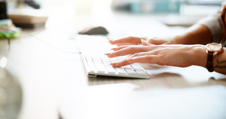 Poster - Woman, hands and keyboard for administration in office, professional and online for project tasks. Female person, business development and email client to confirm schedule, feedback agenda and report
