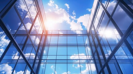 Sticker - A well-designed modern warehouse, with tall glass windows and a vibrant blue sky backdrop