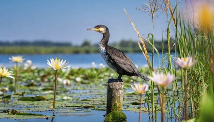 Wall Mural - Ai generated, animal, animals, bird, birds, biotope, habitat, a, single animal, stands on pole, waters, reeds, water lilies, blue sky, foraging, wildlife, summer, seasons, great cormorant (Phalacrocorax carbo)