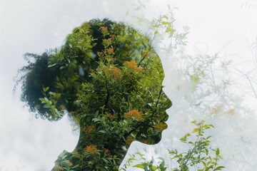 Aesthetic double exposure of a woman with dense green plant growth, symbolic image for environmentally conscious living, AI generated, AI generated