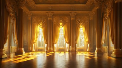 Sticker - An opulent golden room with tall columns, flowing curtains, and a wooden floor reflecting light, evoking classic architectural elegance