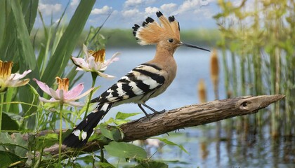 Wall Mural - KI generated, animal, animals, bird, birds, biotope, habitat, a, individual, water, reeds, water lilies, blue sky, foraging, wildlife, hoopoe (Upupa epops), treehoppers, summer, flowers