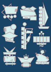 Wall Mural - mid century modern signboards, googie style emblems, labels, badges, sings. 1950s atomic age shapes 