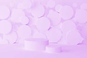 Poster - set of two light purple round podiums on abstract stage mockup, flying circles decor. template 3d il