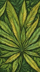Poster - Abstract wallpaper highlighting stylized cannabis leaves in vibrant green and golden colors, AI generated