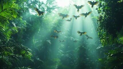 Poster - A vibrant flock of exotic parrots takes flight over a dense jungle, their colorful feathers glistening in the sunlight as they navigate through towering trees and lush greenery