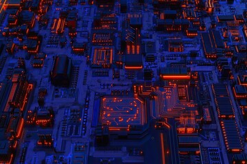 Poster - Close-up of a memory-storing processor or graphics card, hardware with neon LED lights