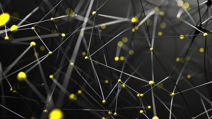 Poster - An abstract depiction of a network structure featuring interconnected lines and yellow nodes. This image symbolizes data flow and connectivity in modern technology.