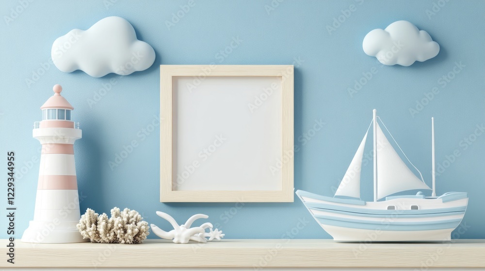 maritime themed interior arrangement, light timber photo frame, powder ...