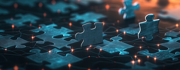Poster - interconnected digital puzzle pieces illuminate connectivity, problem-solving, and tech