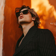 Fashion photography, editorial style fashion magazine cover, handsome man with wavy hair wearing black sunglasses and suit leaning against an orange wall.