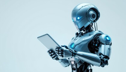 Poster - Robot using a tablet, a futuristic android with a screen.