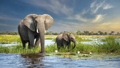 Wall Mural - AI generated, animal, animals, mammal, mammals, biotope, habitat, two, drinking water at the river, a young animal, foraging, wildlife, Africa, african elephant (Loxodonta africana), water lilies