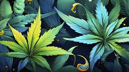 Poster - Abstract wallpaper highlighting stylized cannabis leaves in vibrant green and golden colors, AI generated