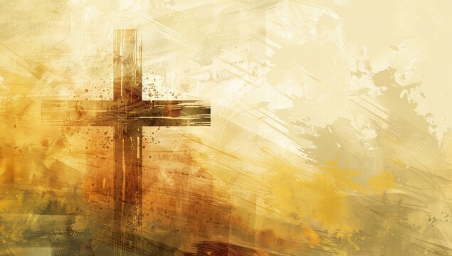 A simple, elegant wooden cross in the background with an abstract brushstroke effect.