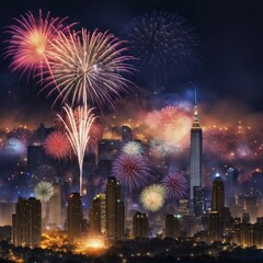 Poster - Fireworks lighting up the night sky over a city skyline with skyscrapers, AI generated