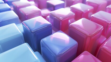 Poster - Abstract image of reflective 3D cubes with a shallow depth of field in pink and blue tones, ai generated, AI generated
