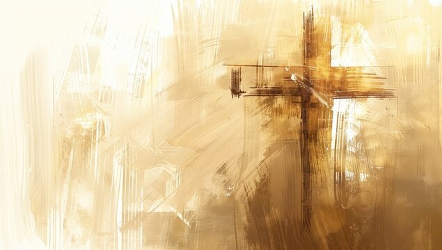 A simple, elegant wooden cross in the background with an abstract brushstroke effect.