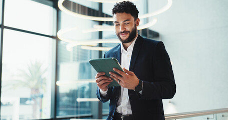 Poster - Businessman, happy and tablet in office for email, economy research and stock market update in news. Trader, tech or online in agency for ecommerce, investment returns or internet banking with profit