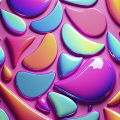 Poster - Vibrant abstract shapes in pink, blue, yellow, and orange with a glossy and fluid appearance on a pink background, AI generated