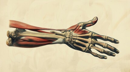 Wall Mural - Vintage-style medical study of a human hand displaying bones, muscles, tendons, and ligaments in beige and red tones, AI generated