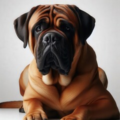 Poster - A strong and dignified bullmastiff lies comfortably on a smooth surface, bathed in soft light that highlights its muscular build and expressive eyes, radiating calmness and strength