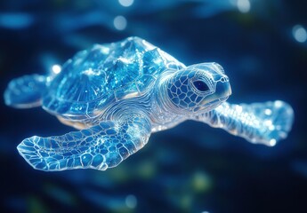 Poster - Crystal Clear Sea Turtle Gliding Through Tranquil Ocean Waters Under Soft Sunlight in Stunning 3D Illustration with Unique Texture and Colorful Background