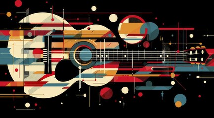 Poster - Modern abstract guitar design with colorful geometric shapes on a black background, ai generated, AI generated