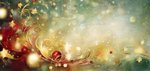 Poster - Abstract wallpaper illustration of Christmas symbols for gift cards, swirling shapes and lines, in red green and golden colors, AI generated