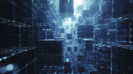 Poster - Futuristic digital landscape with glowing blue cubes symbolizing data and technology advancements, AI generated