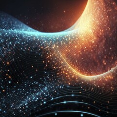 Poster - Abstract digital art with orange and blue glowing particles forming flowing waves, AI generated