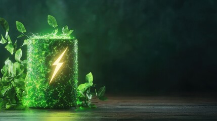 sustainability green battery green battery with a lightning bolt symbol, dark background, symbolizes