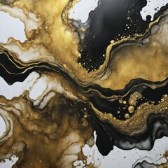 Poster - Dynamic abstract painting featuring flowing gold and black marble patterns against highlights of white, AI generated