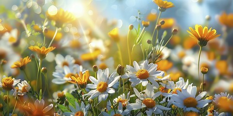 Wall Mural - Spring meadow with bright daisies in the soft light of the evening sun. The background shows a pleasant bokeh. AI generated, AI generated, AI generated